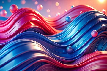 Poster - Abstract 3D Render: Blue & Red Wavy Shapes with Bokeh, Pink Background