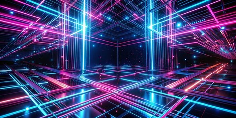 Poster - Abstract 3D Neon Lines: Glowing Pink & Blue on Black Background - High-Resolution Stock Photo
