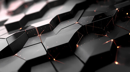Poster - Abstract black textured surface with hexagonal shapes and glowing lines in dark atmosphere. Generative AI
