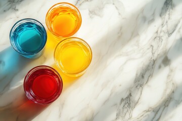 Overhead view of three colorful glasses filled with red, yellow, and blue liquid, placed on a white marble surface.