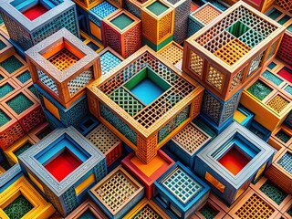 Poster - Abstract Architectural Pattern: Interlocking Boxes with Ribbons