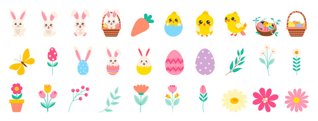 Wall Mural - a collection of easter themed images including flowers, eggs, and rabbits. the images are all in dif