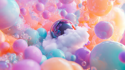 Wall Mural - 3d of a colorful space with swirling colors and bubbles, an astronaut floating in the center wearing