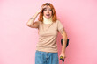 © luismolinero - Young caucasian woman wearing neck brace isolated on pink background with surprise expression