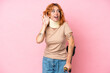 © luismolinero - Young caucasian woman wearing neck brace isolated on pink background listening to something by putting hand on the ear