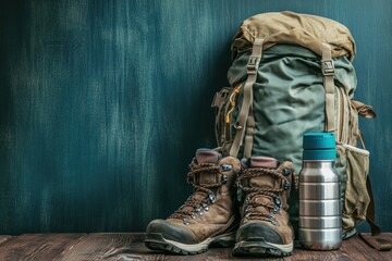 Poster - Essential backpacking gear including a hiking backpack, boots, and water bottle for outdoor adventures. Generative AI