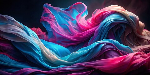 Poster - Abstract Blue Pink Fabric Swirl Black Background Surreal Photography Stock Photo