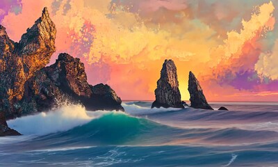 Wall Mural - A vibrant seascape featuring rocky formations and crashing waves under a colorful sky.