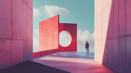Poster - Futuristic digital design featuring bold shapes in a serene landscape. Generative AI