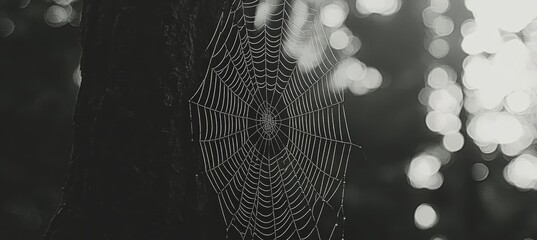 Wall Mural - Morning Dew on Spider Web, Black and White Nature Photography, Macro Shot, Intricate Details