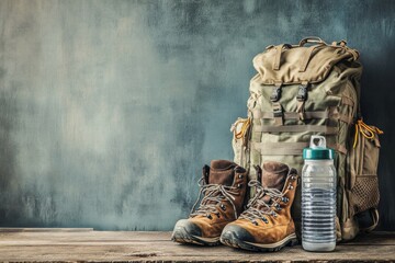 Poster - Essential backpackers gear featuring hiking backpack, water bottle, and sturdy boots for outdoor adventures. Generative AI