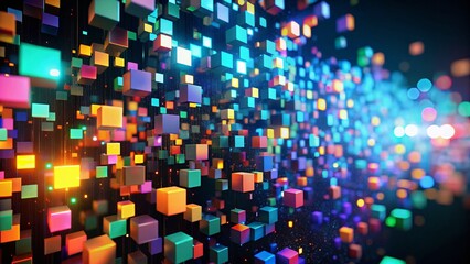 Poster - Abstract Data Flow: Glowing Pixelated Squares in Low Light