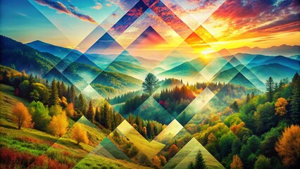 Poster - Abstract Double Exposure: Geometric Square Pattern Overlay on Nature Scene