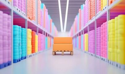 Poster - High-Tech Warehouse Cargo Loading, advanced machinery efficiently organizing goods in a modern facility, showcasing streamlined logistics operations.