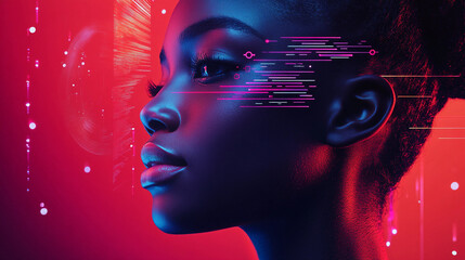Poster - Digital art showcasing a woman's profile with vibrant neon elements. Generative AI