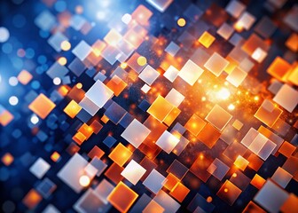 Poster - Abstract Geometric Orange Blue White Squares Bokeh Dark Blue Background Stock Photo