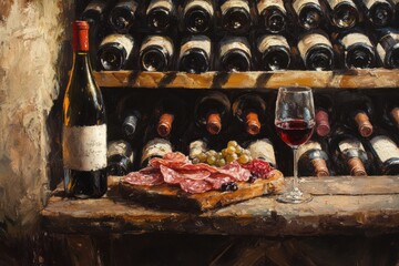 Poster - Elegant wine cellar featuring vintage bottles with a tasting table and charcuterie board. Generative AI