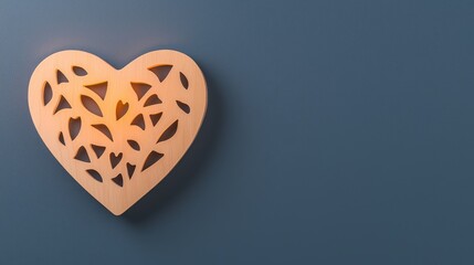 Wall Mural - A decorative heart shape made of wood, featuring intricate cut-outs, casts a warm glow against a dark blue wall.