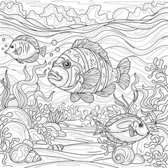 Wall Mural - Fish under the sea.Coloring book antistress for children and adults. 