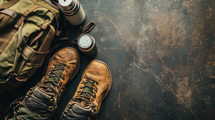 Aufkleber - Essential outdoor gear including boots, water bottles, and a hiking backpack ready for adventure in nature. Generative AI