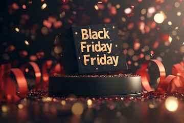 Wall Mural - Classic Black Friday Display with Curved Podium and Handwritten Golden Text.