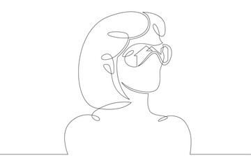 Poster - Female character wearing augmented reality glasses. Gaming industry and geolocation. Mobile technology.One continuous drawing line  logo single hand drawn art doodle isolated minimal illustration.