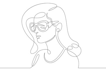 Poster - Female character wearing augmented reality glasses. Gaming industry and geolocation. Mobile technology.One continuous drawing line  logo single hand drawn art doodle isolated minimal illustration.