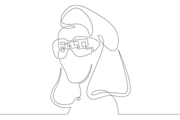 Poster - Female character wearing augmented reality glasses. Gaming industry and geolocation. Mobile technology.One continuous drawing line  logo single hand drawn art doodle isolated minimal illustration.