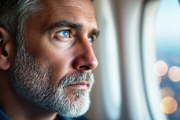 A close-up of a mature man with a beard and blue eyes, intently looking out of an airplane window, soft bokeh lights visible outside, concept of travel. Ai generative