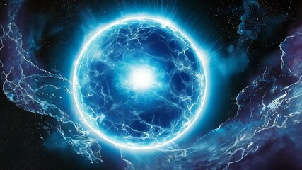 Wall Mural - exploration of a glowing cosmic sphere illuminated in electric blue against a dark starry background