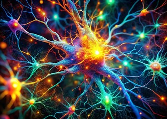 Poster - Abstract Neural Network Synapse Firing Double Exposure Stock Photo