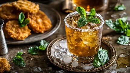 Wall Mural - Mint julep with crushed ice and a plate of fried green tomatoes