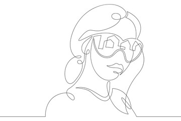 Poster - Female character wearing augmented reality glasses. Gaming industry and geolocation. Mobile technology.One continuous drawing line  logo single hand drawn art doodle isolated minimal illustration.