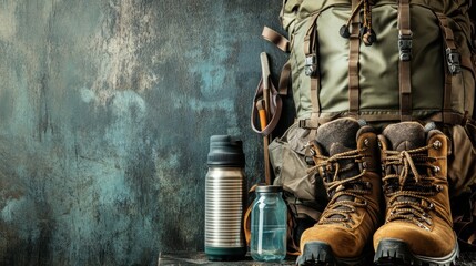 Poster - Backpacking gear featuring a hiking backpack, water bottle, and sturdy boots set against a textured background. Generative AI
