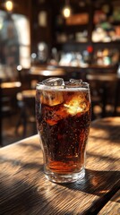 Poster - Refreshing glass of cold beverage on rustic wooden table in cozy cafe with natural light