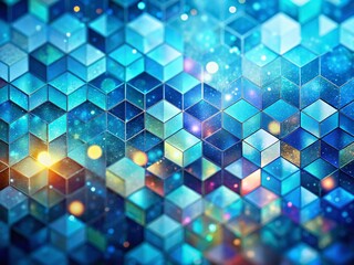 Poster - Abstract Rhombus, Fish Scale & Cube Repeating Pattern on Blue Background - Bokeh Effect Stock Photo