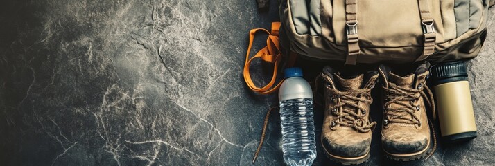 Poster - Essential backpacking gear including hiking boots, water bottle, and spacious backpack ready for outdoor adventures. Generative AI