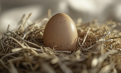 A single brown egg resting in a natural bird's nest