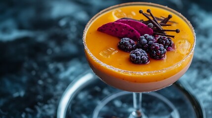 Wall Mural - Orange berry cocktail with purpleberries and a chocolate mousse dessert on a glass plate