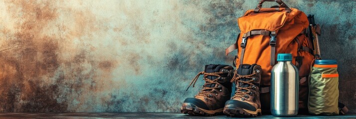 Poster - Essential backpacking gear with hiking backpack water bottle and boots ready for outdoor adventure. Generative AI