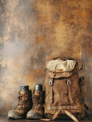 Poster - Essential backpackers gear including hiking backpack and sturdy boots on a textured background with space for text. Generative AI