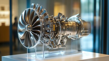 Poster - A sustainable engine design being displayed at an eco-technology expo.