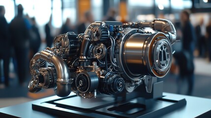Poster - A sustainable engine design being displayed at an eco-technology expo.