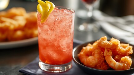 Poster - Raspberry gin fizz with a lemon twist and a side of tempura shrimp