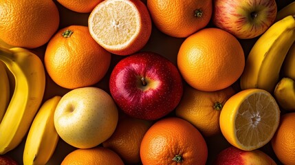 A detailed close-up of colorful apples, juicy oranges, and ripe bananas on display in a modern grocery store fresh fruit section.