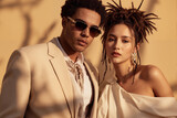 Portrait fashion photography featuring two striking models with a stylish mocca mousse-colored theme, they are pose at outside with dramatic shadow and light