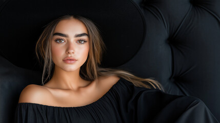 Wall Mural - Young woman in black hat.