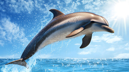 dolphin leaping gracefully above ocean waves under bright sun