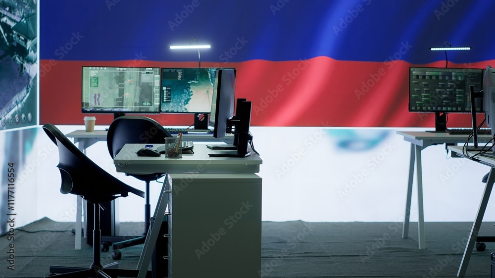 Empty russian army command center with a big screen showing the ...