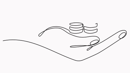 Poster - Animated coins stack in human hand continuous line drawing video. Business money symbol concept animation.